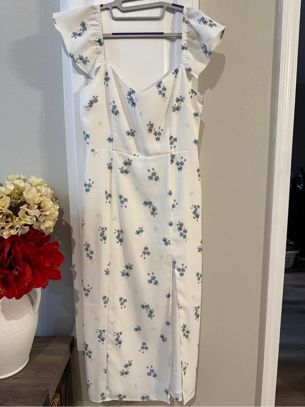 JustFab White Midi Dress with Blue Floral Print